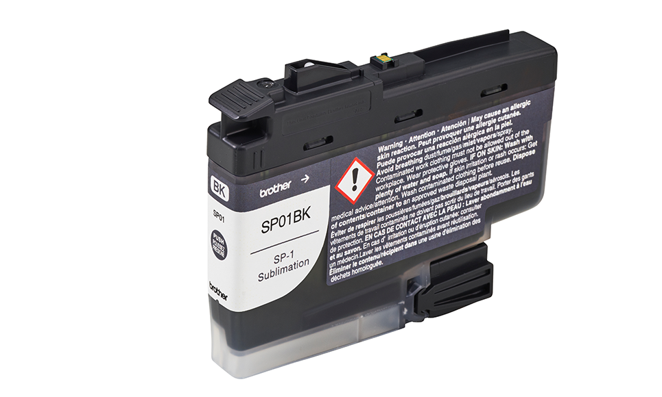 Black ink cartridge for the Brother Sublimation Printer SP01BK with warning label