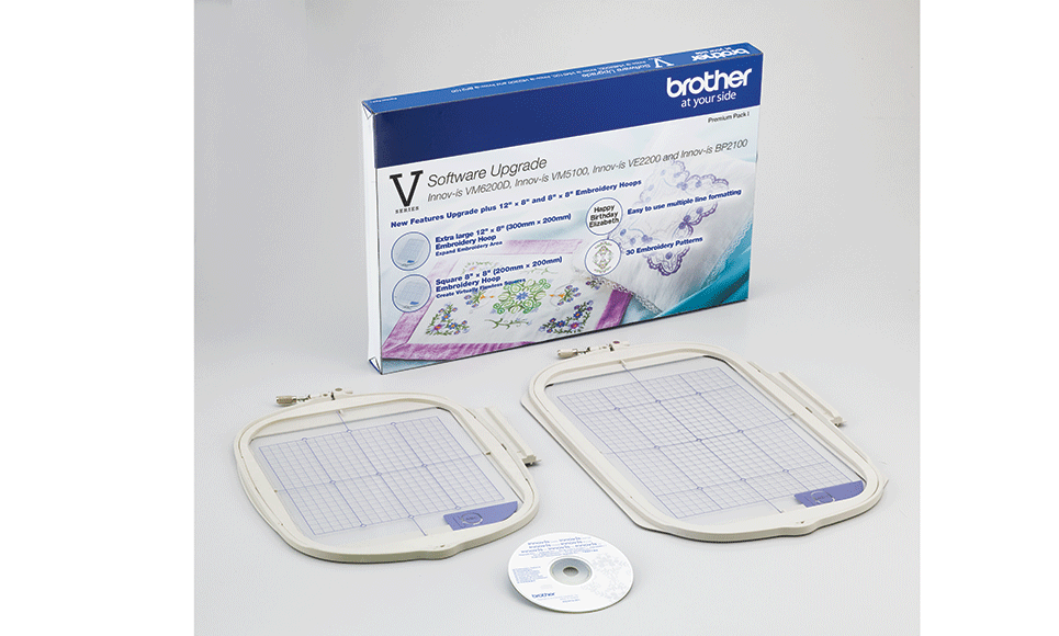 V upgrade kit with two grey embroidery frames, activation card and DVD