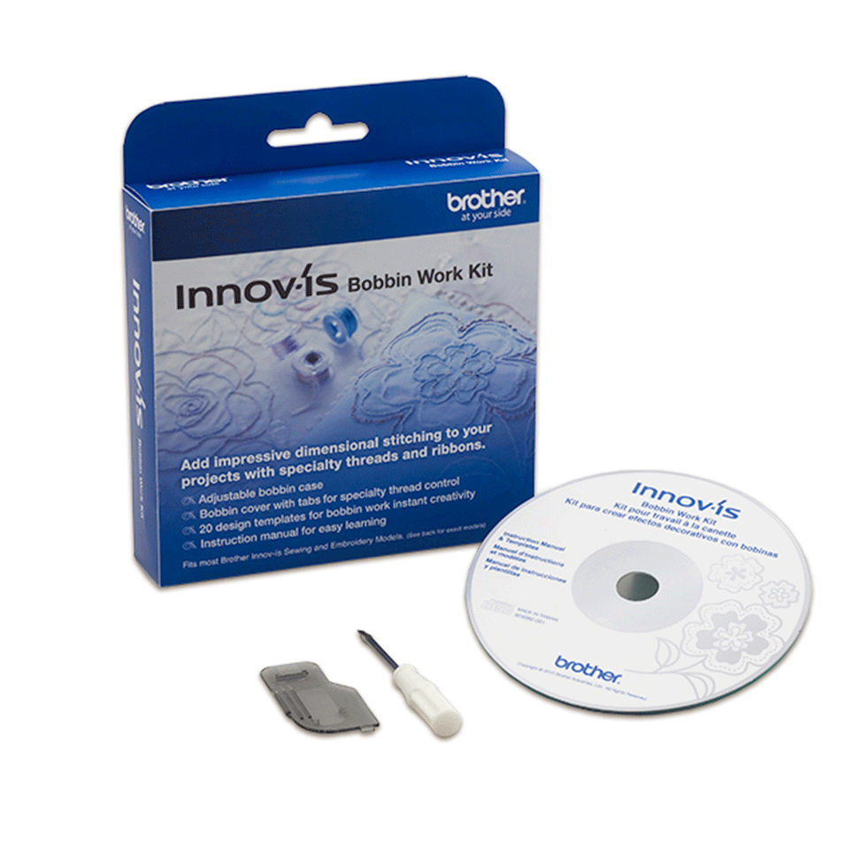 Brother bobbin work kit in packaging with DVD, bobbin cover and tool