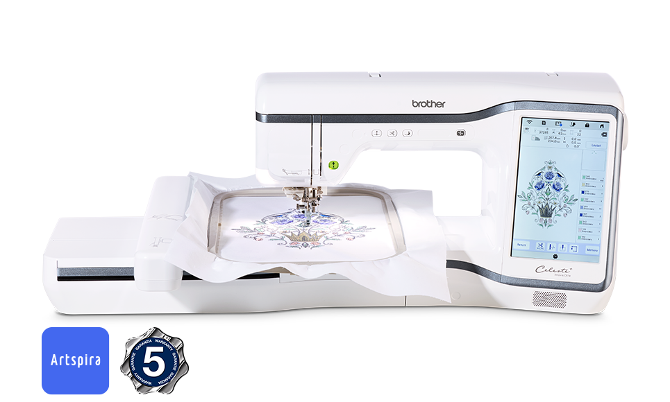 The front view of the Brother Celeste Innov-is CX1e embroidery machine.